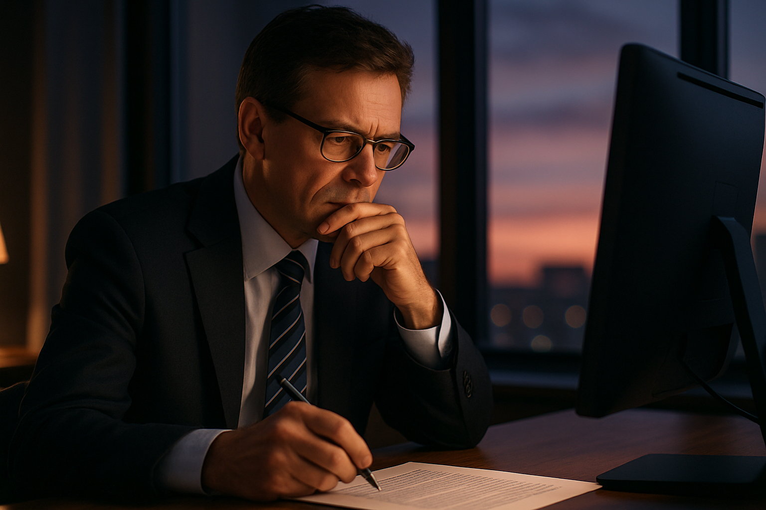 An executive writing a document on a computer  A pensive intellectual look on his face Its early evening and hes passionate about the content