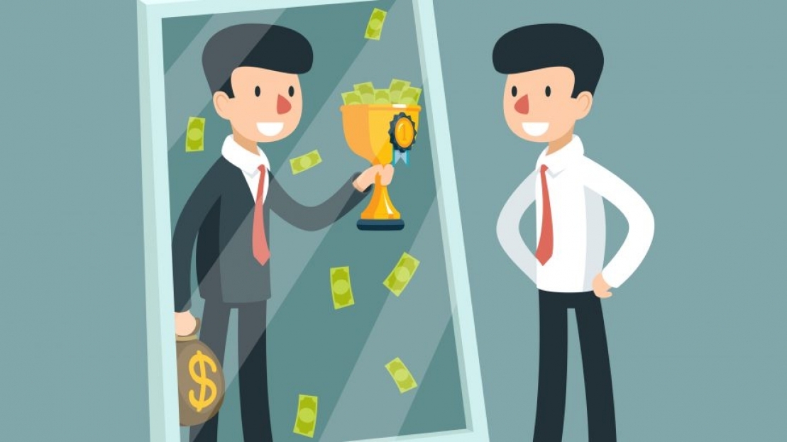 Man looking at successful version of himself