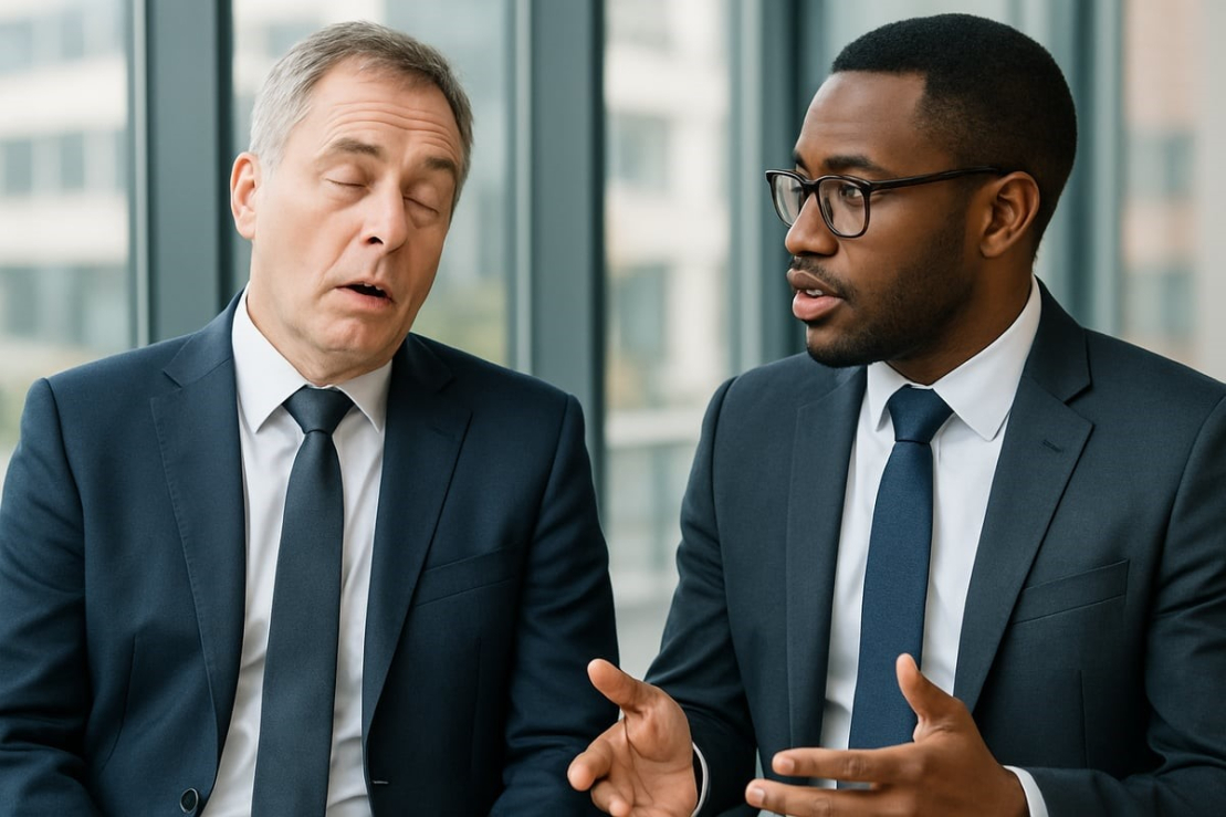 associate talking to a sleepy associate