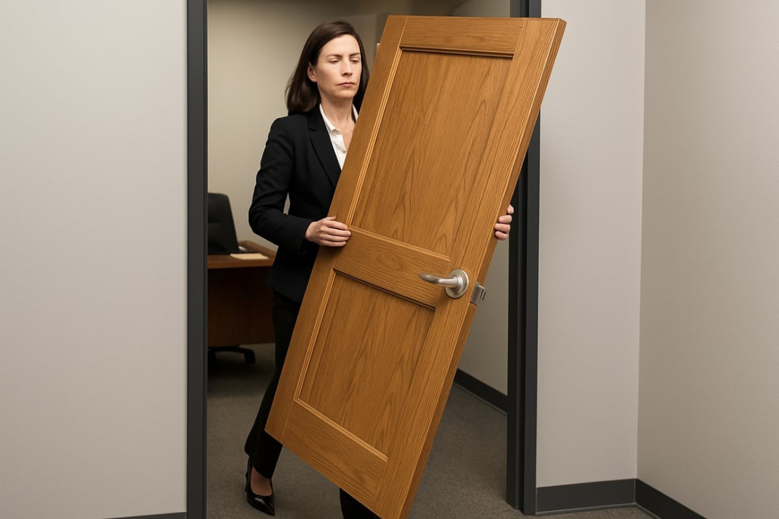 Businesswoman carrying a door