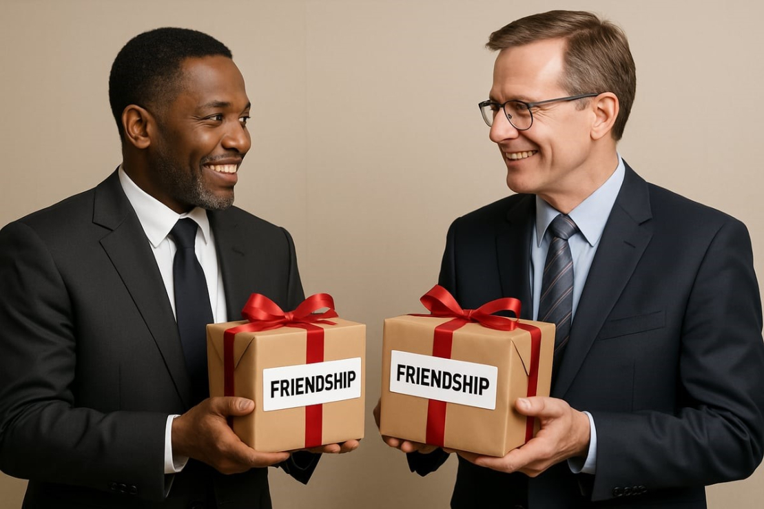 Two associates holding gifts of friendship
