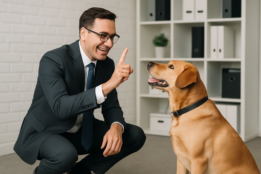Man teaching a dog a trick happily