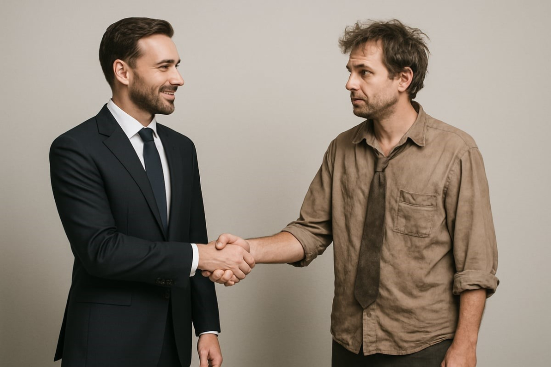 businessman shaking normal man's hand