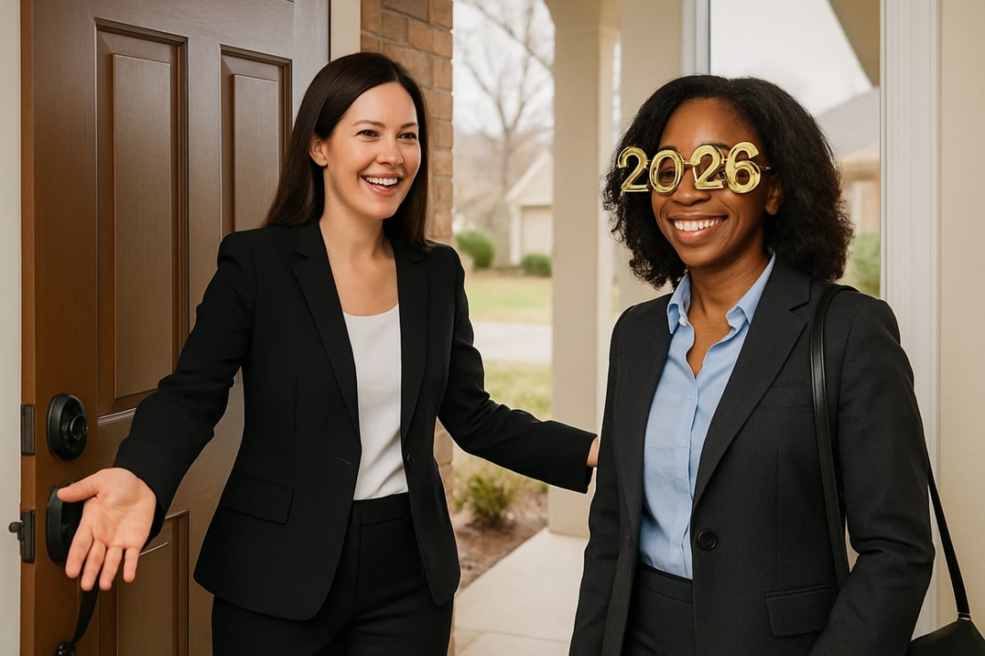 two people celebrating 2026, one of them has celebratory 2026 glasses on