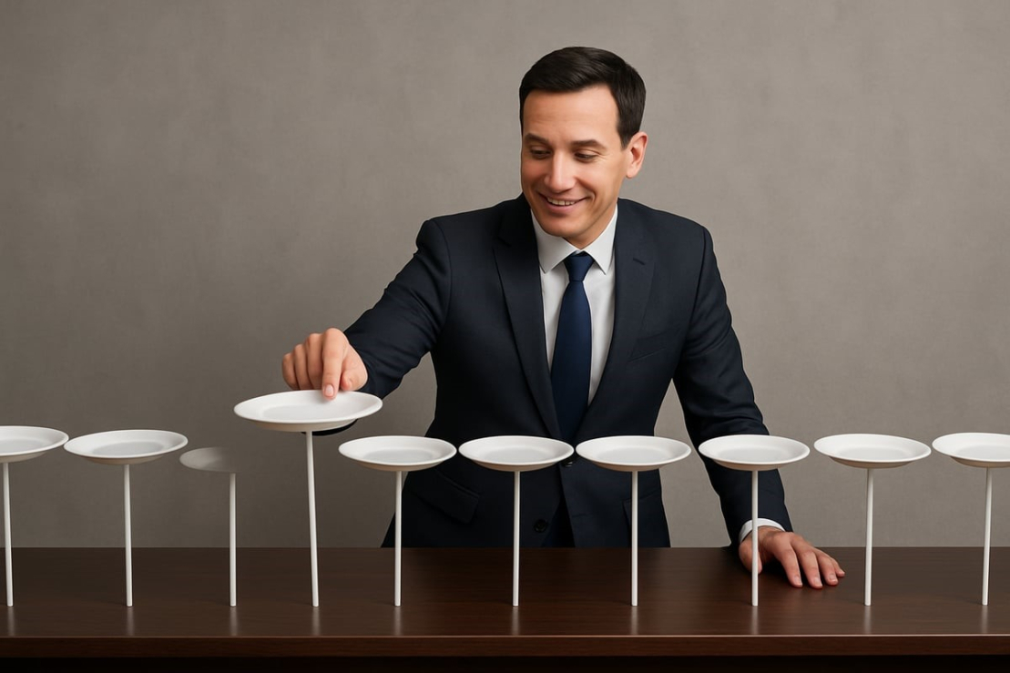 Businessman balancing plates