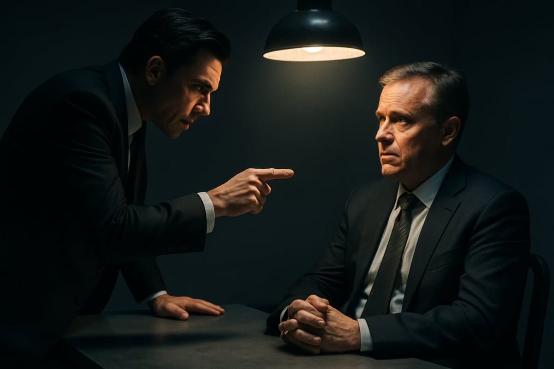 Businessman pointing at another businessman angrily