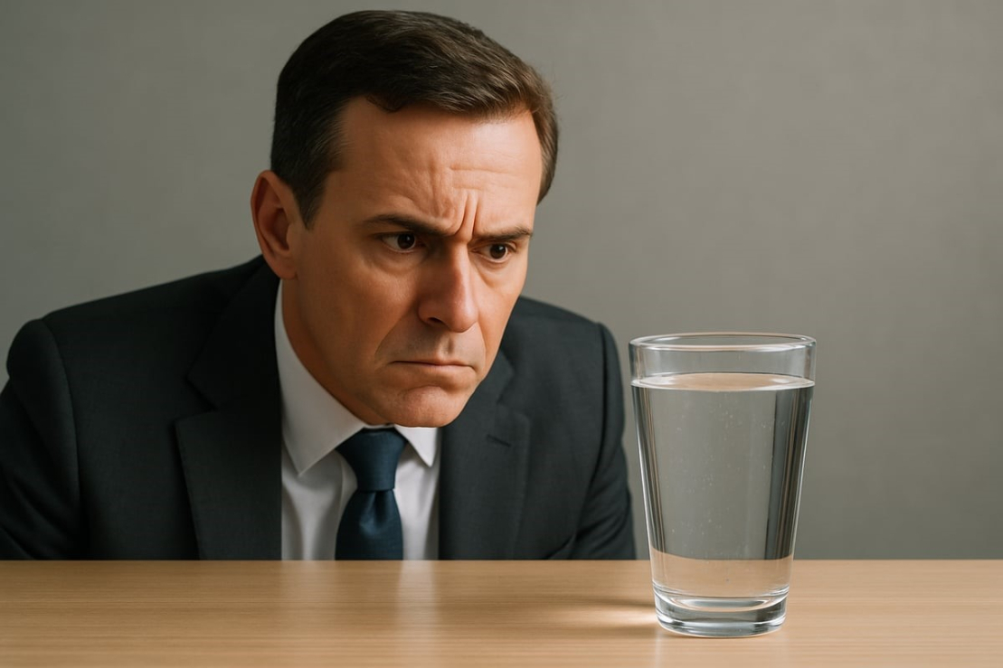 Businessman looking at a full glass of water