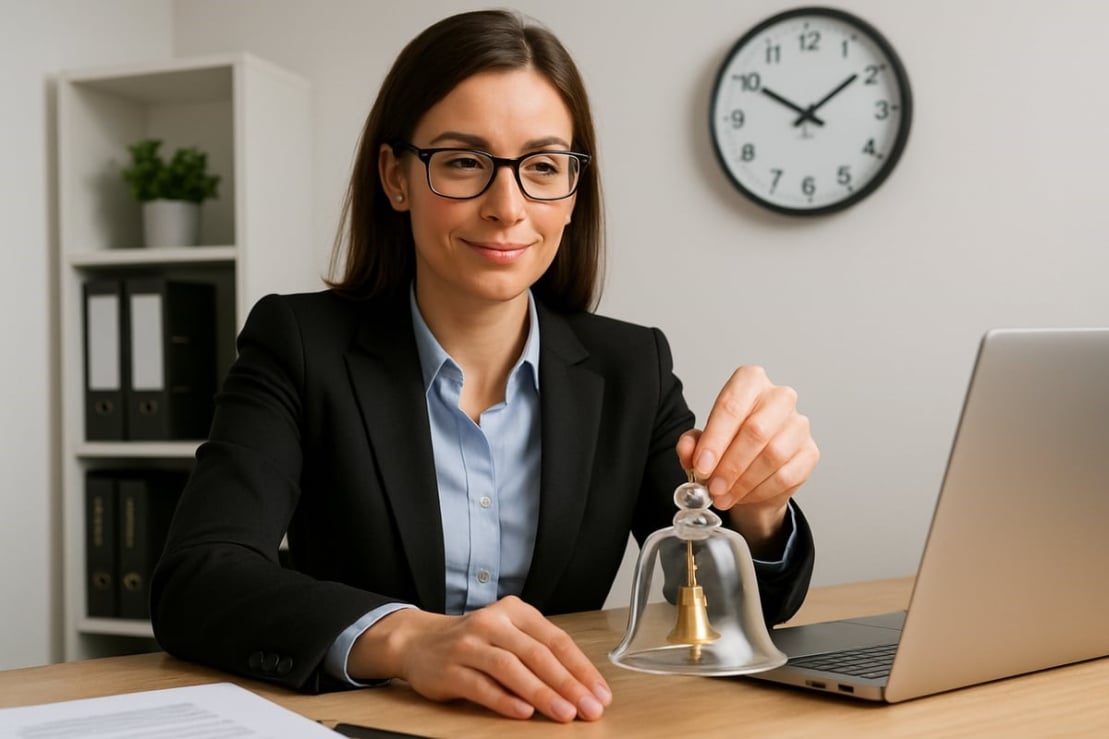Businesswoman smiling whilst ringing a glass bell