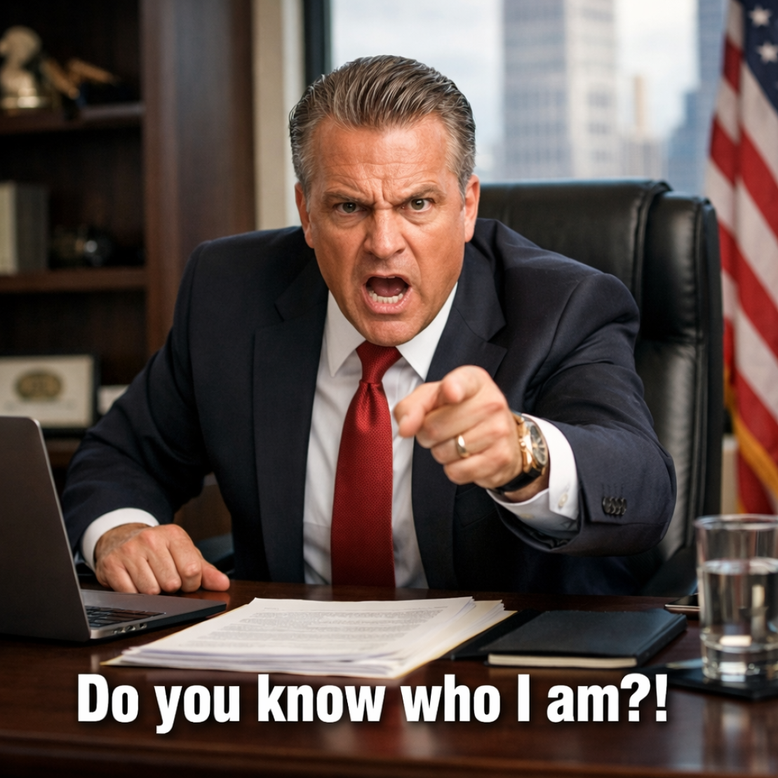 businessman pointing with text saying do you know who i am