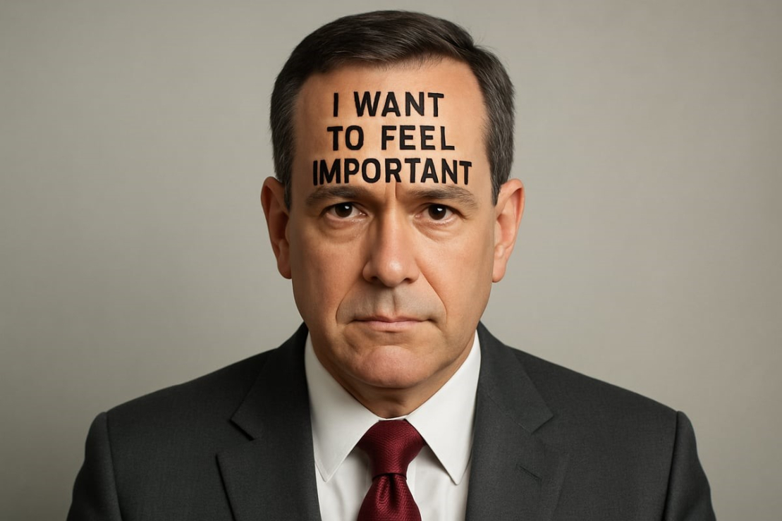 Man with I want to feel important on his forehead