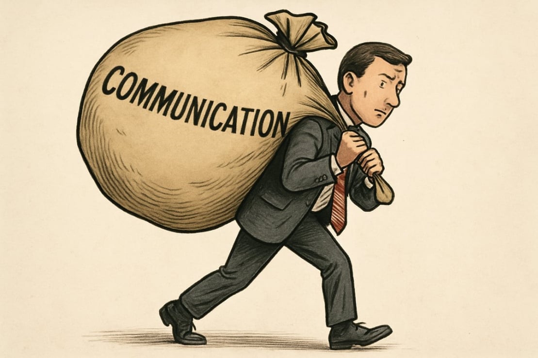 businessman holding a bag labeled communication