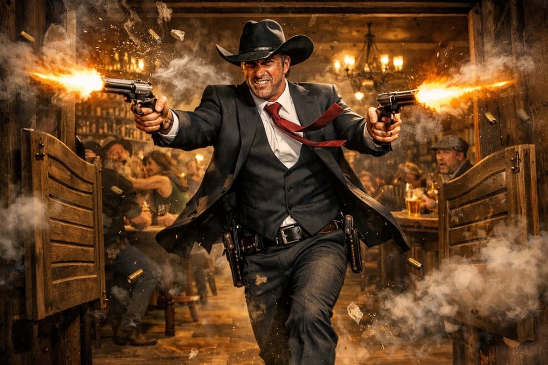 Businessman shooting out revolvers near a saloon