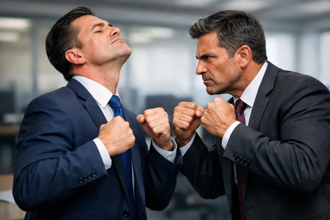 Two businessmen squaring up