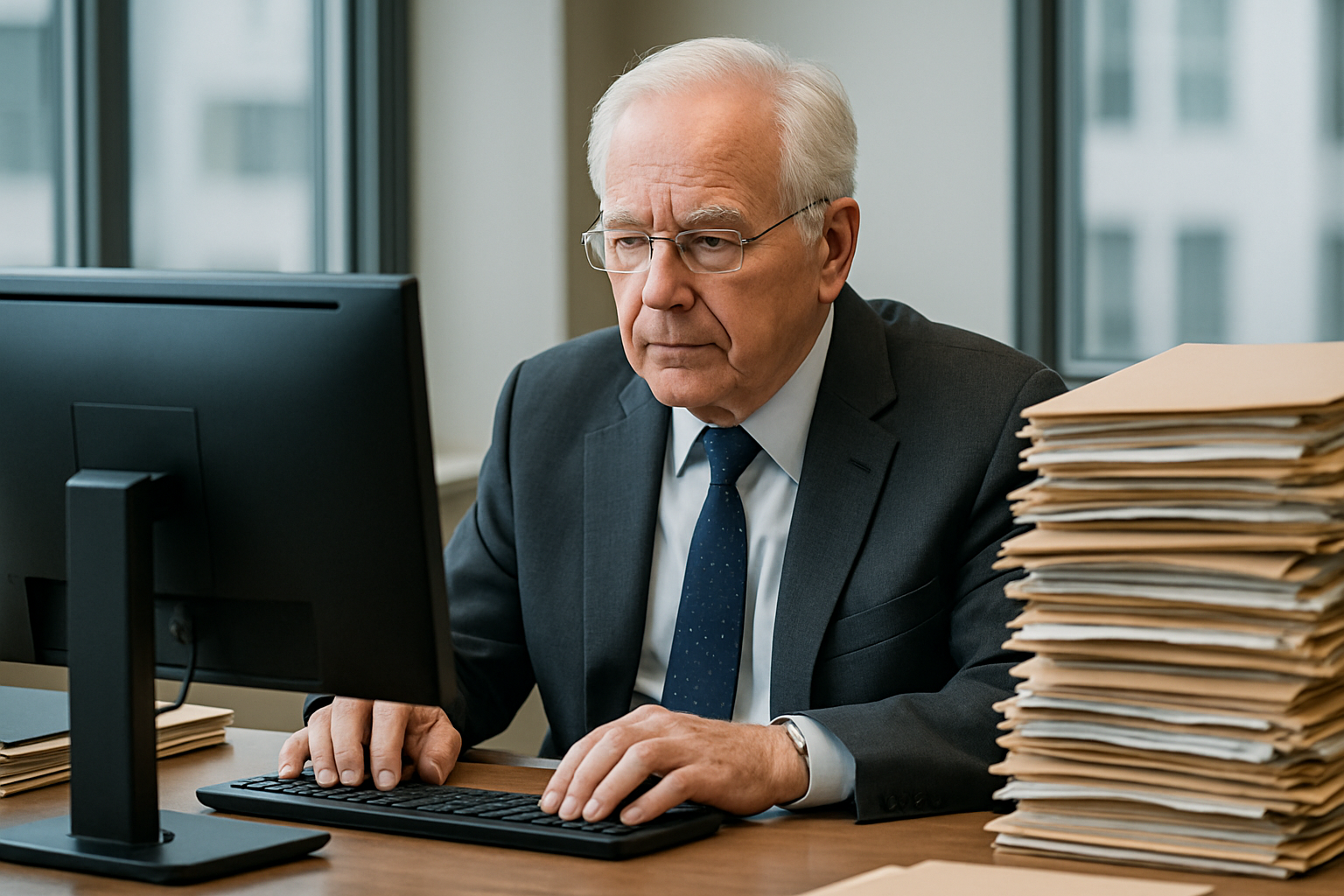 A senior financial executive working at his computer with piles of file folders on his desk-1