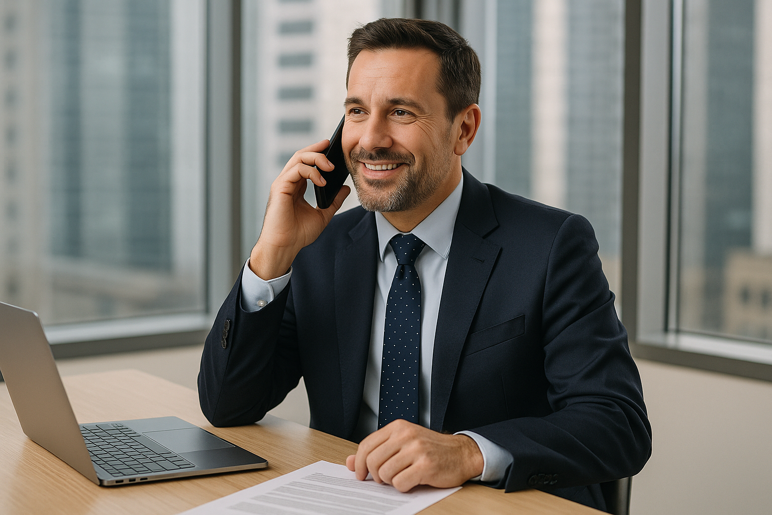 An executive on the phone with one of his business contacts-1