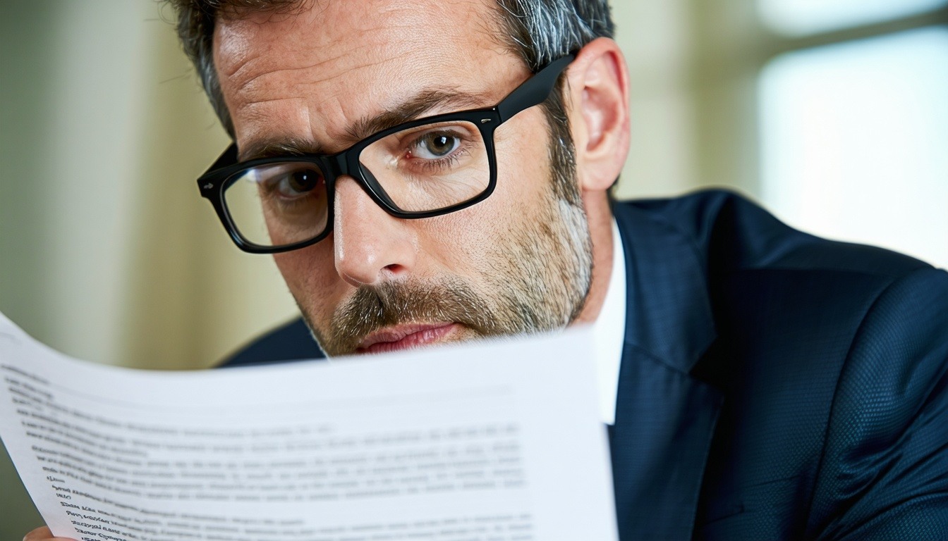 a business executive with very thick glasses reading a piece of paper