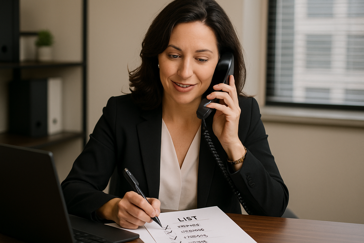a female executive sitting at a desk talking on the phone and checking names off a list