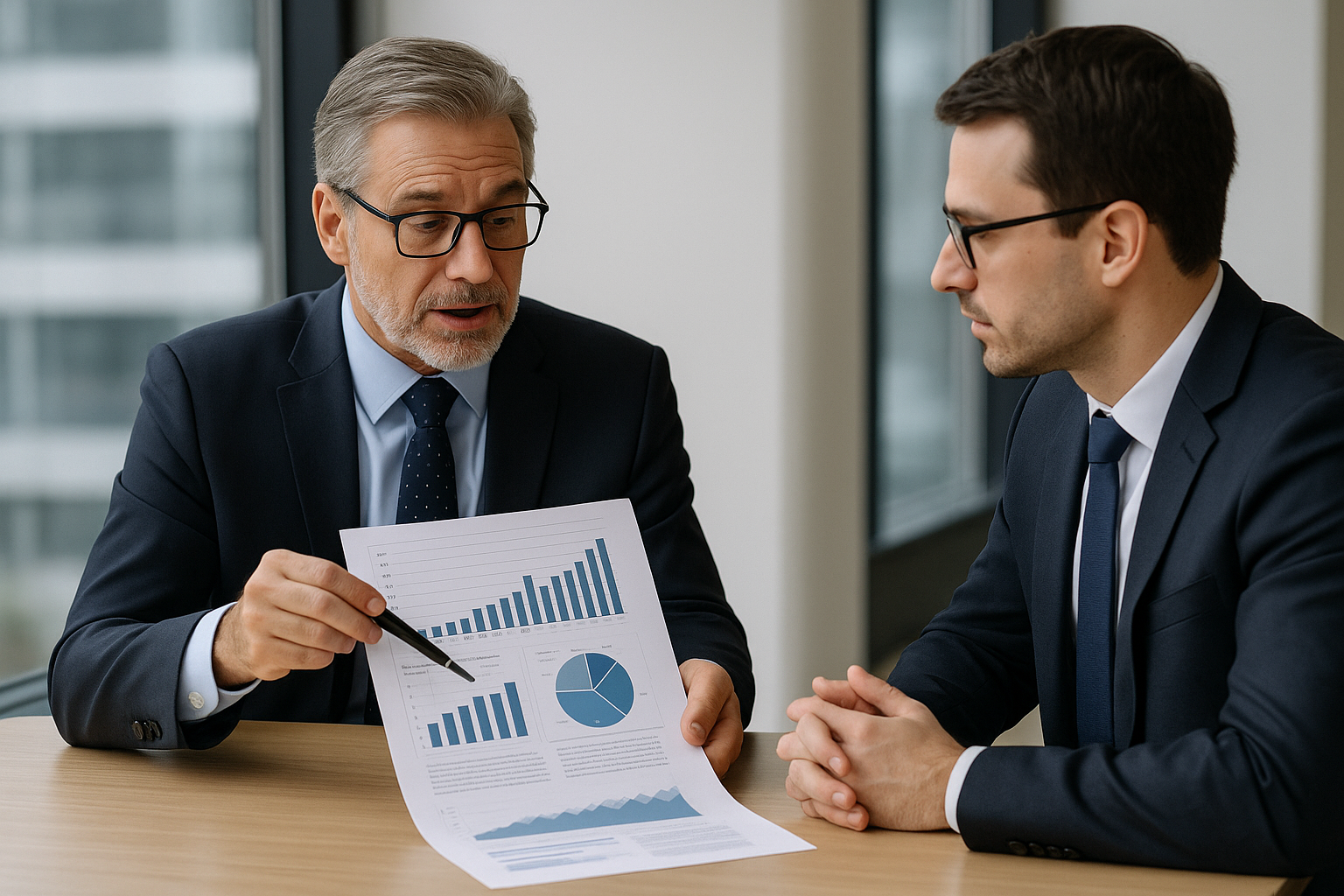 a financial executive explaining a report to another executive